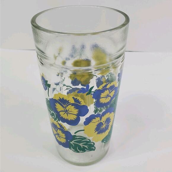 VTG Anchor Hocking Blue And Yellow Pansies 1980s Drinking Glass 6” - Picture 7 of 7